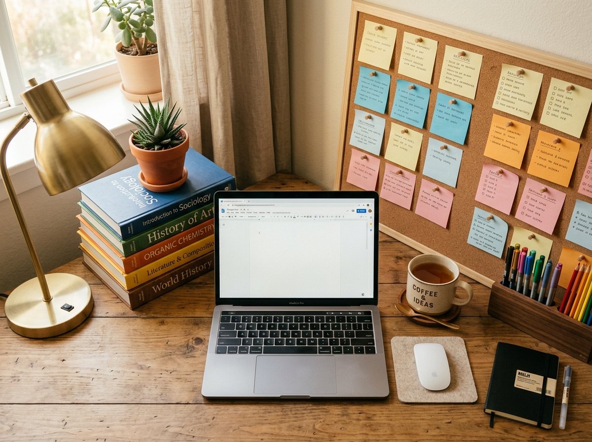 Organized desk with laptop and books